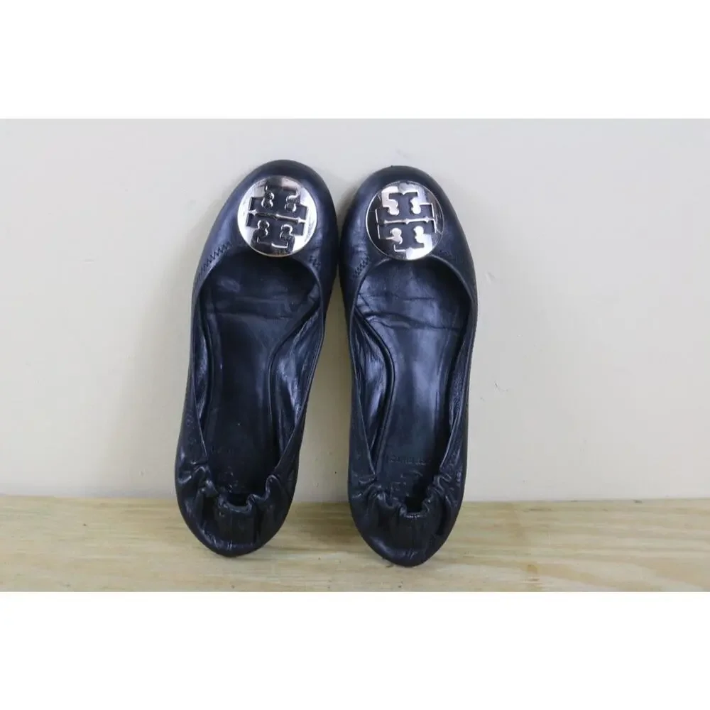 Tory Burch Shoes Women 7 Black Leather Gold Logo Reva Ballet Flats